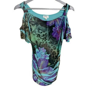 Fiona & Purple S aqua & purple cold shoulder‎ draped neck top